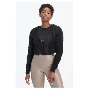 fabletics black fuzzy long sleeve cropped cardigan with metal flame closure sz s